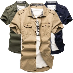Men' Short Sleeve Cargo Casual T-shirts Military Shirt Double Pockets Button Top - Picture 1 of 21