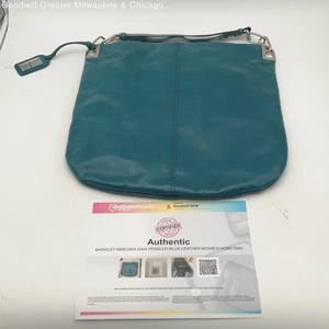 Authentic Badgley Mischka Hobo Bag Gaia Pebbled Zipper Blue Leather With COA - Picture 1 of 7
