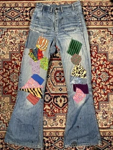 Vintage 60’s Landlubber Jeans Patchwork Flare Blue Jeans Vtg Size 27 - Picture 1 of 10