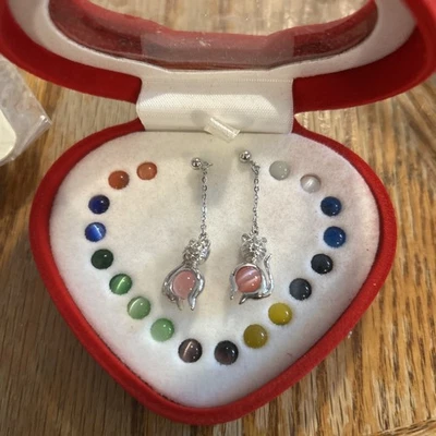 Brincos vintage Colors of Life prata 925 intercambiáveis várias pedras preciosas para gatos - Imagem 1 de 4