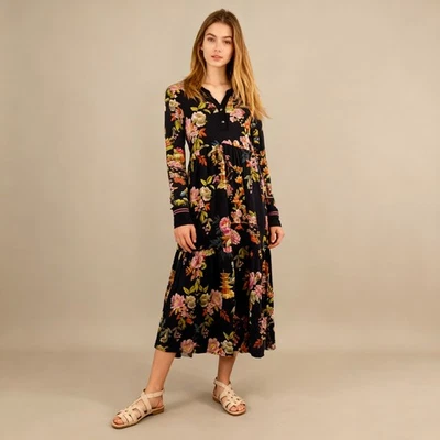 NUEVO SIN ETIQUETAS JOHNNY WAS Vestido Floral Manga Larga Cuello en V Midi Talla S Multicolor Foto 1 de 4