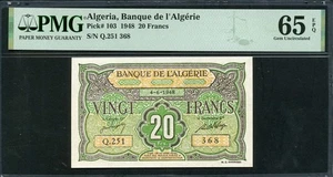 Argelia 1948 20 Francos P103 PMG 65 EPQ GEMA SIN CIRCULAR - Imagen 1 de 2