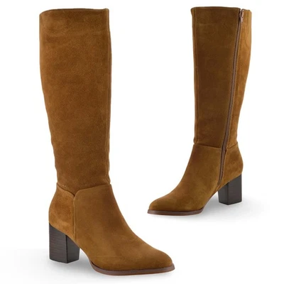 Ladies Womens Leather Knee High Block Heel Zip Up Biker Riding Boots Shoes Size - Image 1 of 4