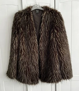 Kate Moss Topshop Brown Blonde Tipped Faux Fur Coat Size 12 - Picture 1 of 11