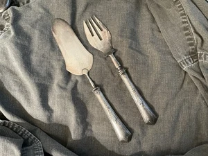 Antique French ? Fish Or Salad Servers Silver Handle w 3 & MINERVA ? Hallmark - Picture 1 of 8