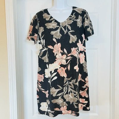 Nicole Miller Womens Linen Blend Black Pink Floral Sz M Short Sleeve Tiered Hem - Image 1 of 4