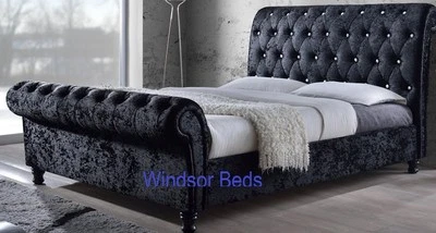 DOUBLE VELVET SLEIGH BED | Hand Upholstered Chesterfield Chenille Linen - Image 1 of 4