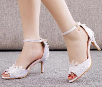 Womens Fashion Peep Toe Lace Flowers Ankle Strap Dress Shoes Kitten Mid Heels - Image 1 of 4