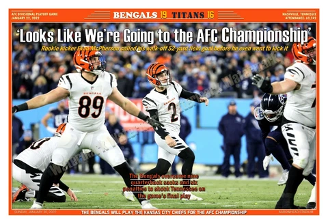 BENGALS BEAT TITANS, ADVANCE TO THE AFC TITLE GAME 19”x13” COMMEMORATIVE POSTER Cover