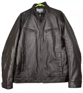MICHAEL KORS Mens Motorcycle Jacket Large Brown Faux Leather Perforated FLAW - Picture 1 of 12