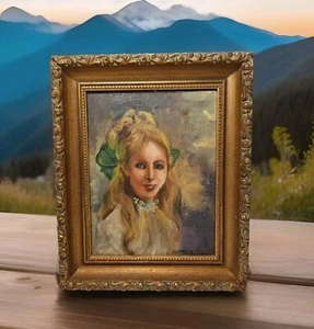 VINTAGE 1970's Woman Portrait Original Oil Painting Minature 7.5"Tx6.25"W Signed - Picture 1 of 7