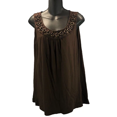 Dana Buchman Size L Brown Pima Cotton Tank Tunic Flowy Roomy with Embellishments - Изображение 1 из 4