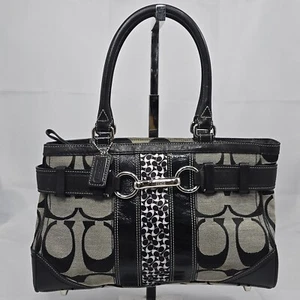 Vtg Coach Hampton Signature Gray Black Top Handle Belted Satchel Handbag F13073 - Picture 1 of 9