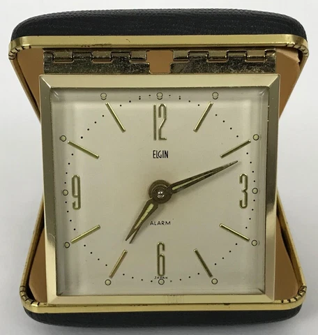 Vintage ELGIN Alarm Travel Clock MCM Wind Up Flip Open Art Deco 3" x 3" WORKS! Cover