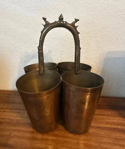 Antqiue Vintage Marked British Indian Brass Lassi Ritual Hindu Cups Set Holder - Picture 1 of 6