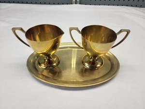 Vintage Dirigold Dirilyte Goldenware Brass Finish Creamer Sugar Bowl Plate Set - Picture 1 of 11