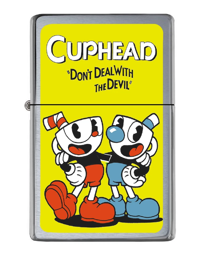 CupHead Mugman Flip Top Lighter Brushed Chrome with Vinyl Image. - Image 1 of 2