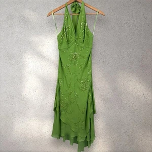 Vtg BCBGMaxazria Silk Halter Sequin Dress Y2K Babydoll Asymmetrical Fairy Sz 10P - Picture 1 of 8
