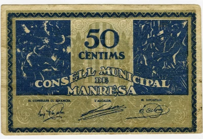 # SPAIN CIVIL WAR 1937 • MANRESA 50 CTS MUNICIPAL ☆ GUERRA CIVIL ESPAÑOLA ☆D1551 - Image 1 of 2