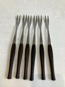 Vintage MCM German Rostfrei Fondue Forks Skewers Teak Wood Handles Set of 6 Rare - Picture 1 of 6
