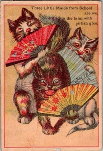 Antike viktorianische Sammelkarte - Katzen mit Fächern  - Bild 1 von 2