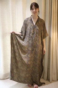 Crepe Silk Kaftan Brown-Green Robe Dress Long Woman Gown Maxi Tunic PS KFN2912 - Picture 1 of 10