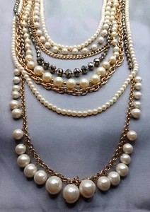 Ann Taylor Multi Strand Necklace Faux Pearl, Faceted Beads, Gold Tone Chain - Picture 1 of 5