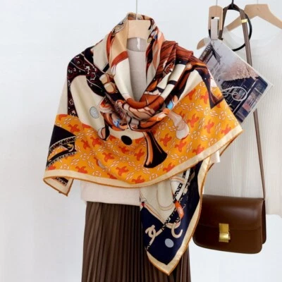 70% Cashmere & 30% Silk Wrap Scarf Horses Print Double Face Square Shawl 53" - Image 1 of 4
