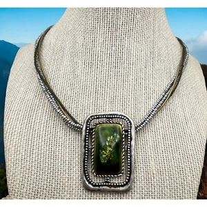 Chicos Layered Necklace Silver Tone Beaded with Green Statement Pendant - Picture 1 of 7