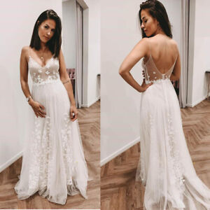 Beach Wedding Dresses Sleeveless Spaghetti Straps Ivory A Line Lace Bridal Gowns