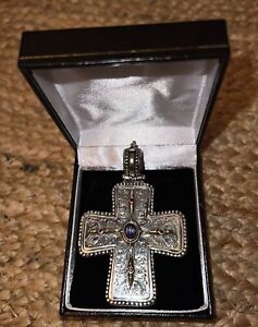 KONSTANTINO Sterling Silver and 18K Gold XL CROSS 64g Amethyst and Rubies 3”X2”