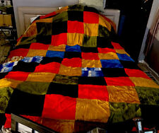 Vtg Velvet Patchwork Hippie Boho Quilt Bedspread Blanket Purple Fringe￼ 88 X 94