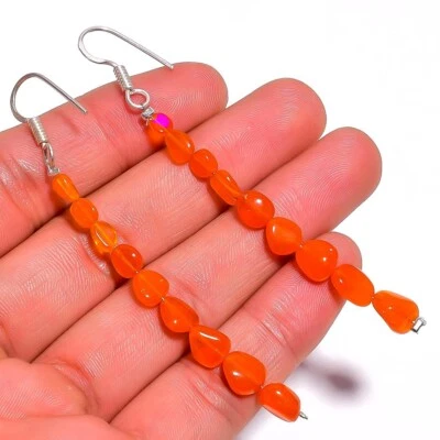 Pendientes de cuentas lisas caídas de piedras preciosas de ópalo etíope naranja de 15 quilates 3,1" A-2260 Foto 1 de 3