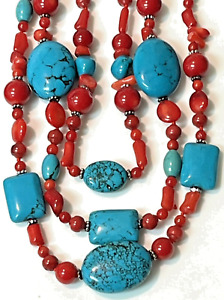 Jay King DTR Sterling - Coral & Turquoise Stone 3 Strand Necklace 18" long