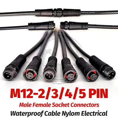 M12 Male Female Socket Connectors 2 3 4 5 Pin Waterproof Cable Nylom Electrical - Image 1 of 4