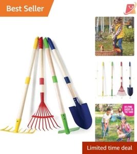 Kids Garden Tool Set 4-Piece Wooden Metal Shovel Rake Hoe Outdoor Fun Gift - Picture 1 of 11