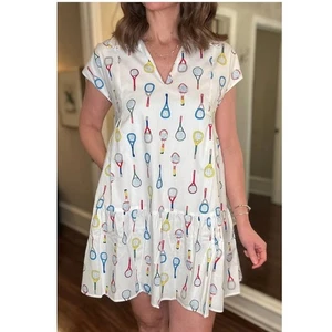 THML Tennisschläger bedrucktes Kleid Large weiß V-Ausschnitt Stufen Freizeit Kurzarm - Bild 1 von 12