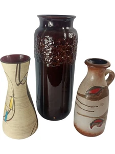 Set of 3 Vintage West German Decorative Vases Set Brown Beige Red Ceramic - Picture 1 of 21