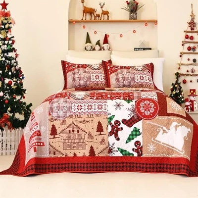 Juego de cama edredón de Navidad tamaño queen, reina de Navidad 92"x96" rojo y caqui Foto 1 de 4