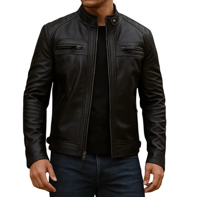 Mens Cafe Racer Biker Real Leather Jacket Black Colour Lambskin Motorcycle Coat - Image 1 of 4