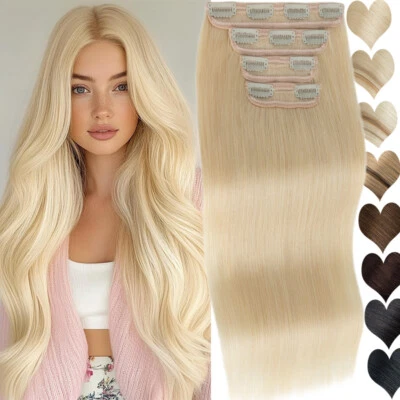 THICK 100% Remy Clip In Real Human Hair Extensions 4PCS Full Head Double Drawn - Image 1 of 4