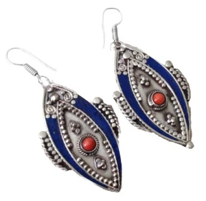 Vintage Lapis Coral Earrings Handmade Bohemian Tibetan Silver Oxidised - Imagen 1 de 4