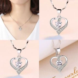 Women Ladies Heart Swirl Stone Silver Pendant Chain Necklace Gift Jewellery - Picture 1 of 4