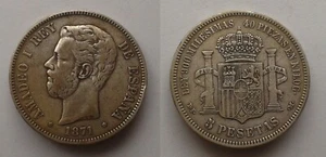 SPAIN COIN AMADEO I 5 PESETAS 1871 *18*74 DE-M PLATA SILVER ORIGINAL R5848 - Imagen 1 de 1