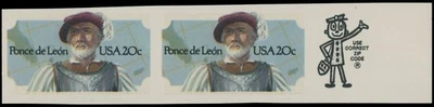 1982, USA PONCE DE LEON, 20C MULTI, HORIZONTAL IMPERF PAIR, NH, SC.#2024a - Image 1 of 2
