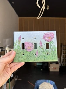 Mid Century Norman Brumm Green/ Pink Enamel Floral 3 Light Switch Cover Enamel - Picture 1 of 9