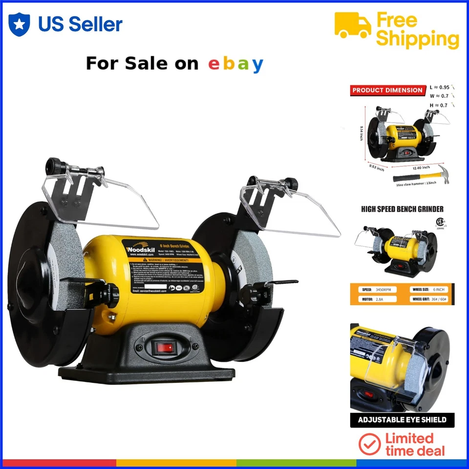 Bench Grinder Alloy Steel 6 Inch High Speed Tool Sharpening Home Workshop - Image 1 of 4