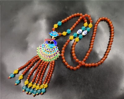 真红色玉髓玛瑙玉景泰蓝孔雀吊坠项链毛衣链 — 第 1/4 张图片