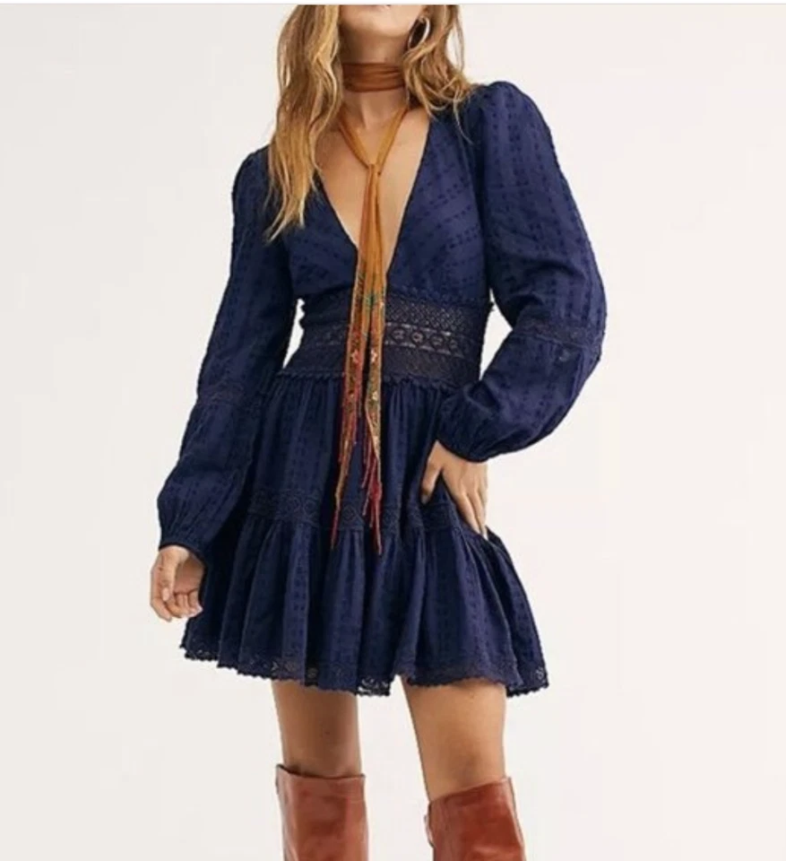 People The Delightful Mini Dress 8 Navy Blue Cotton Eyelet Lace