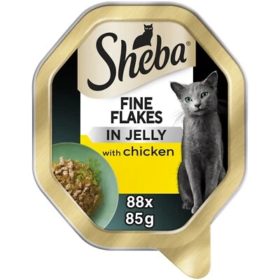88 x 85g Sheba Fine Flakes Adult Wet Cat Food Trays ChickenJelly